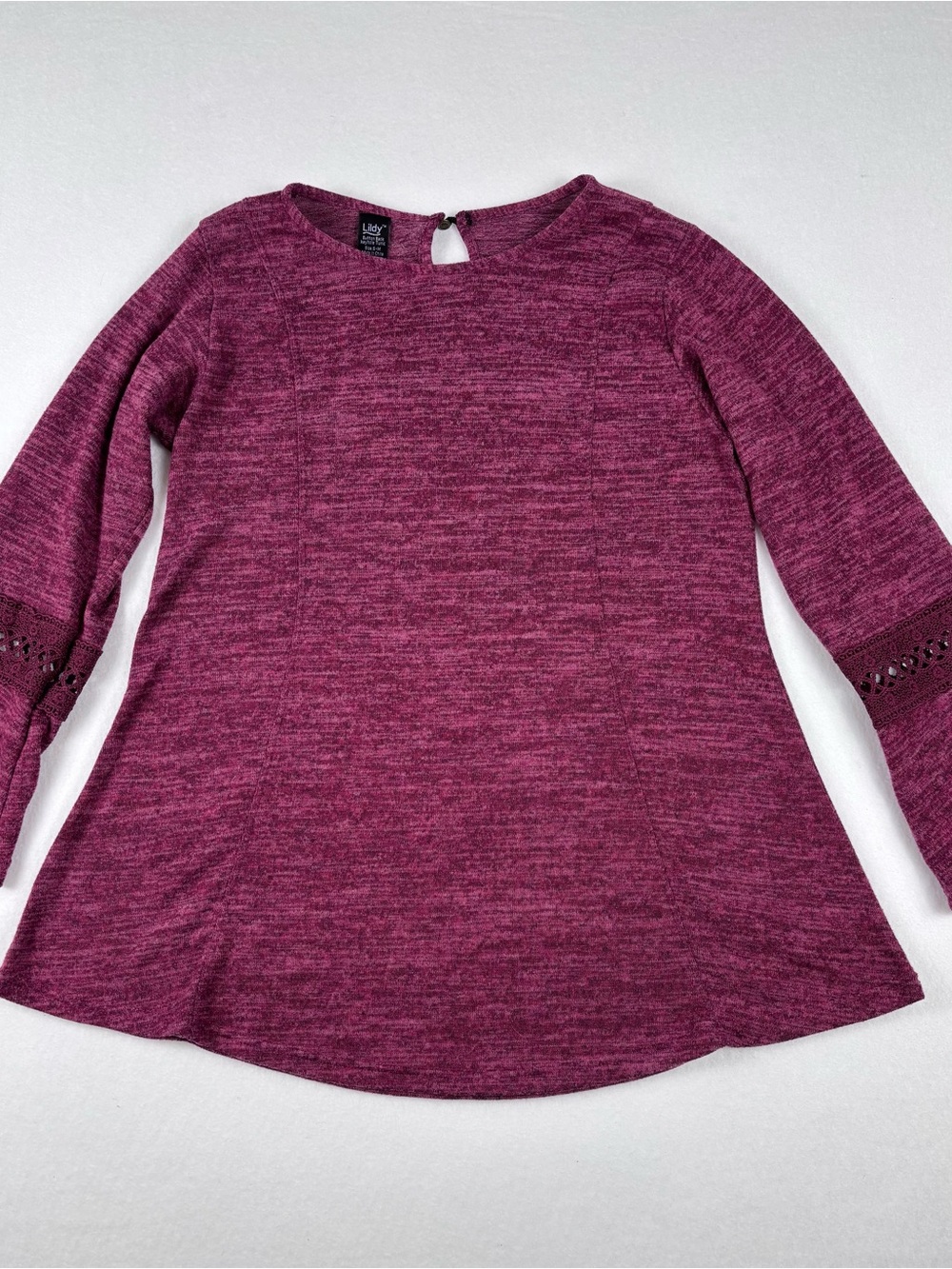 Lildy Burgundy Heathered Tunic Top S/M Lace Sleeve Boho Casual